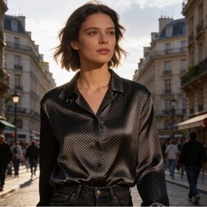 Elegant Black Polka Dot Button Down Shirt